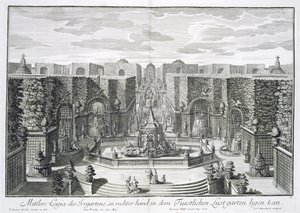 Saksalainen vesipuutarha, "Furstlicher Baumeister", kaiverrus Karl Remshard (1678-1735), julkaistu noin 1711-16
